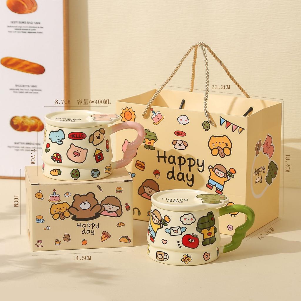 Children's fun, cute graffiti ceramic mug with lid, birthday gift, household drinking water, high-value water cup, souvenir gift girl