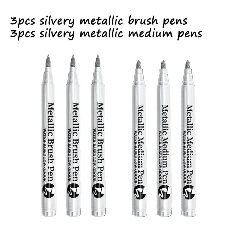 

6pcs Golden & Silvery Metal Oil Marker Pens, Permanent Metal Markers, Vibrant Colors Quick Drying, Soft Brush & Hard Pens Tip