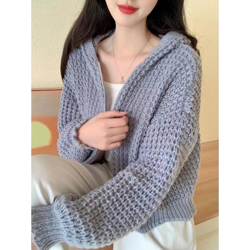 Autumn Winter New Zipper Knitted Hooded Sweater Jacket Korean Retro Cardigan Women Coats Casual Slim Fit Knitwear Jackets Simple Elegant Solid Top