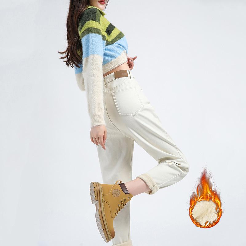 

Джинсы с высокой талией и флисом для женщин зимой, эластичные, свободные, для похудения, большого размера S