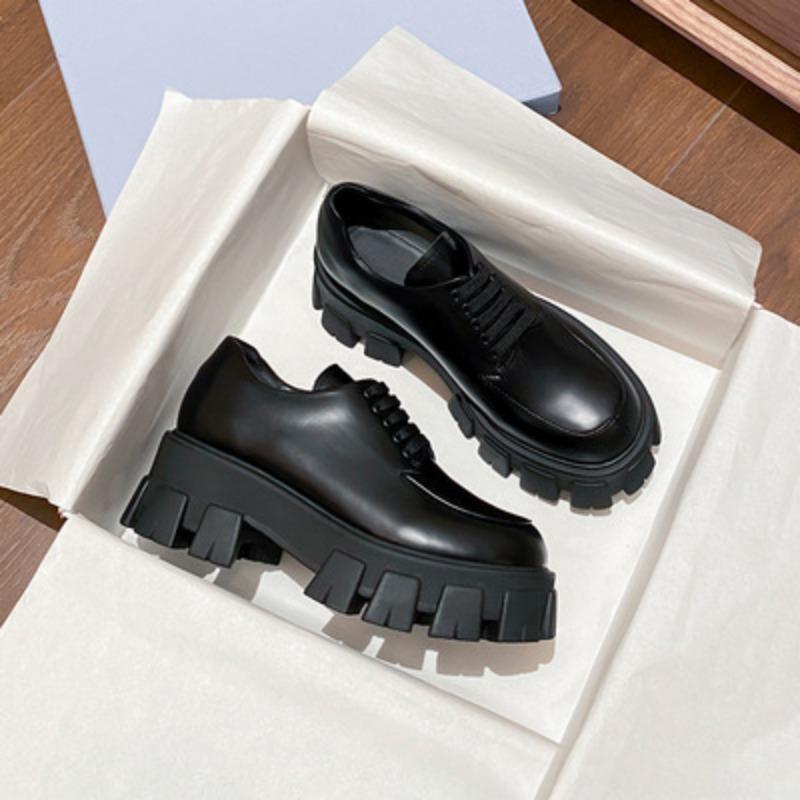 Sheepskin~ Height increase 7cm genuine leather British muffin thick-soled female lazy college style with skirt and small leather shoes