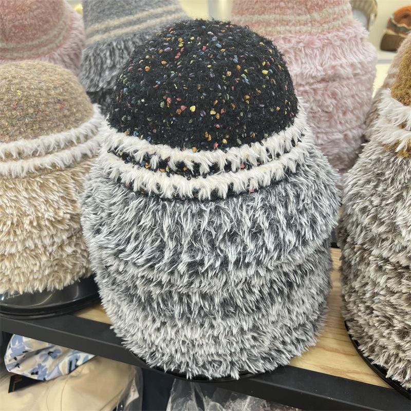 Plush bucket hat women's autumn and winter versatile face small European bucket hat thickened warm knitted basin hat winter