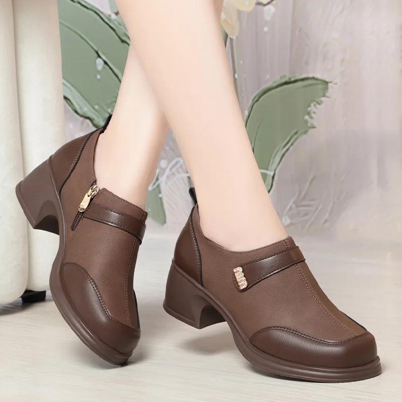 New Slip On Spring Soft Shoes Woman Vintage Ladies Dress Pumps Thick High Heels Platform Shoes Retro Brown Daily
