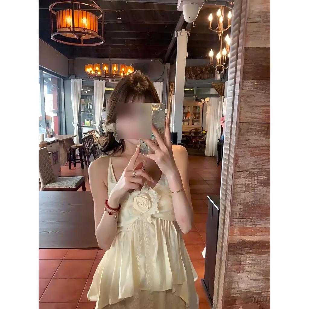 Gentle lace splicing high waist skirt suspender suit women's summer seaside vacation atmosphere a complete set of wear