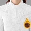 Camisa de encaje de otoño e invierno Camisa superior ajustada Camisa de mujer de talla grande con relleno de terciopelo y calidez