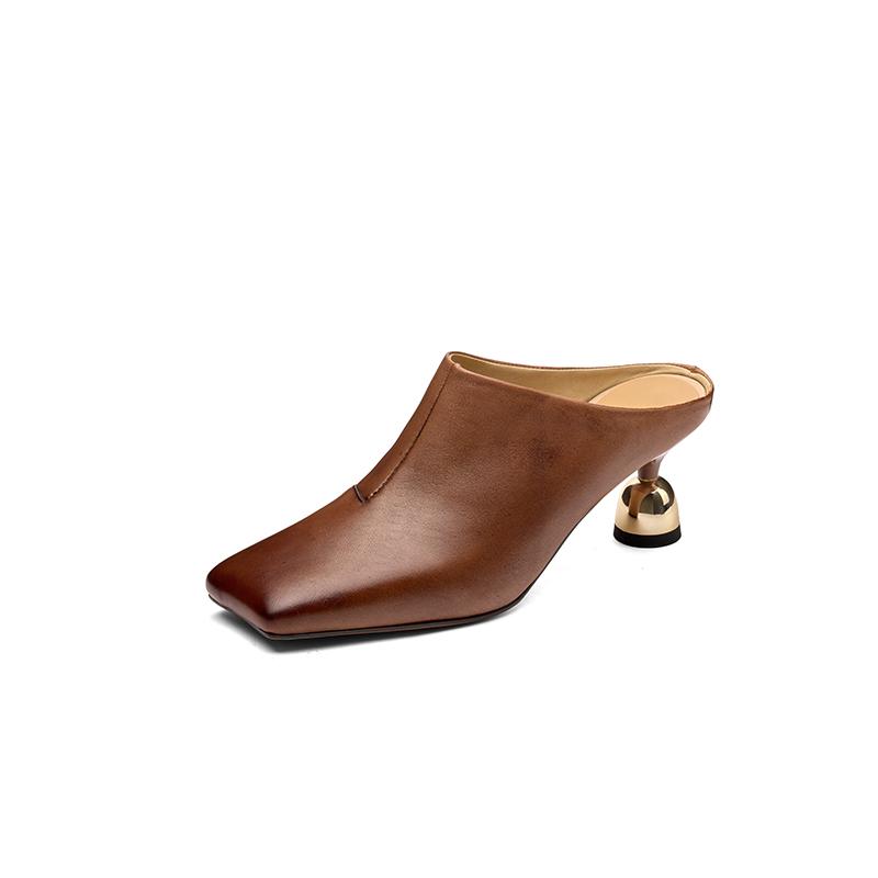 Fashion 2025 Women's Shoes New Summer Retro Square Toe Genuine Leather Sheepskin Baotou High Heel Large Muller Half Slippers Heels Women