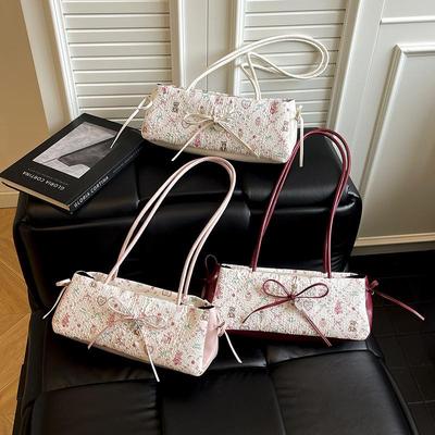 Fashion Sweet Bow Shoulder Bag Cartoon Print Underarm Bag Female Tote Bag Versatile Large Capacity Commuter Handbag