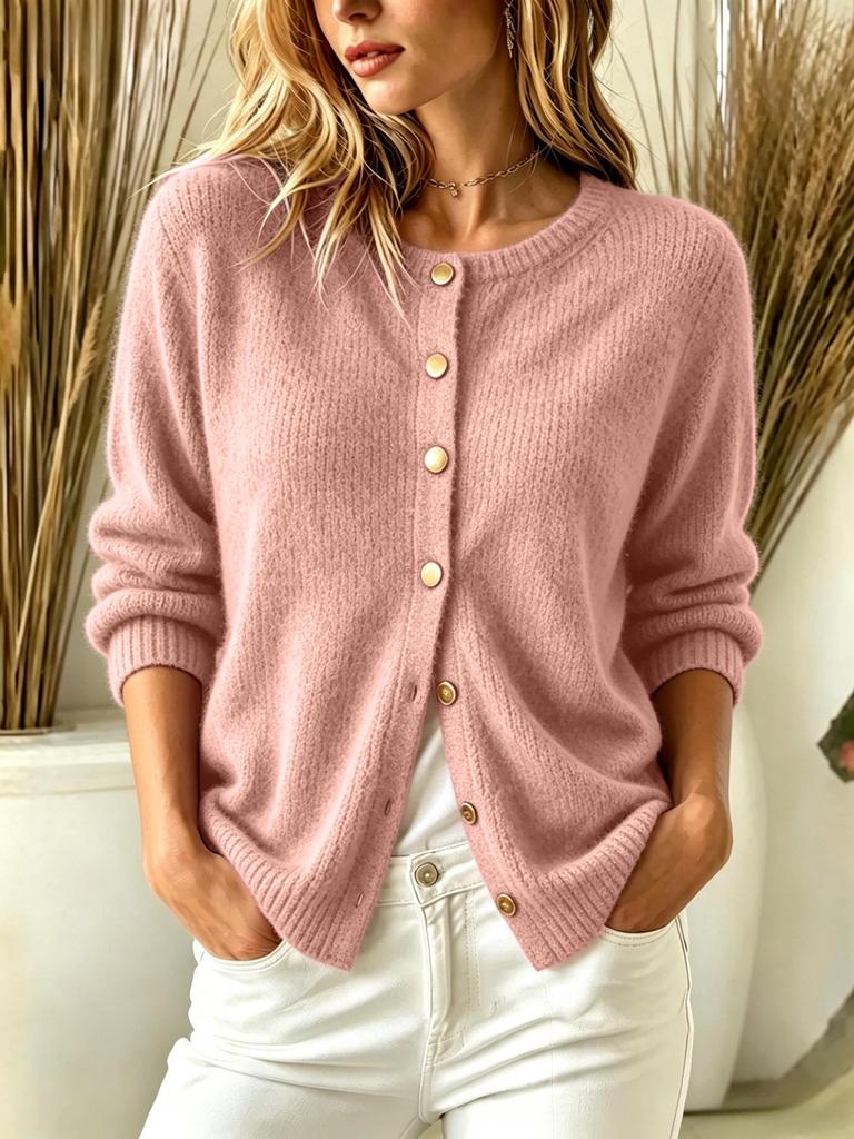 2026 Cross-Border Women's Solid Color Button Cardigan - Autumn/Winter Knitwear, Round Neck, Long Sleeve