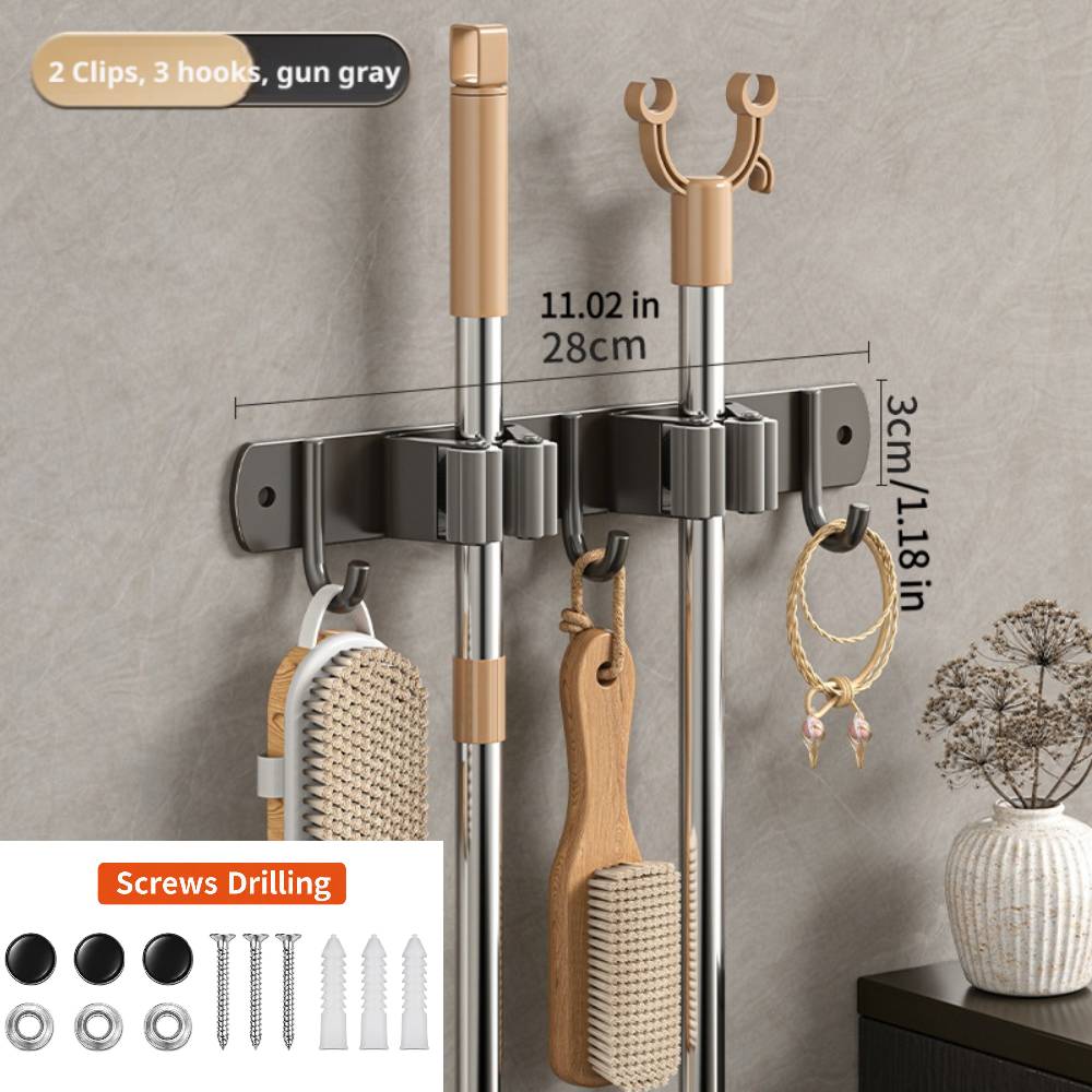 Stainless Steel Wall Mounted Mop Holder Organizer Rack with Hooks Drill-Free Bathroom Broom Storage Clip Heavy Duty Rack