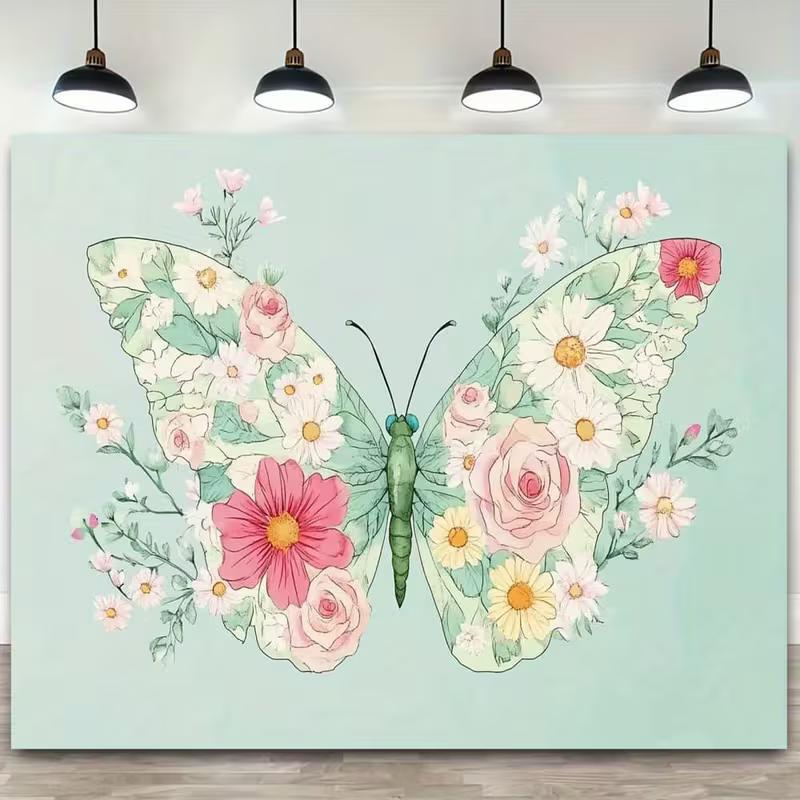 

2D Watercolor Floral Butterfly Backdrop, Mint Green Background with Roses and Daisies for Photoshoot 47.2x31.5inch/120*80cm