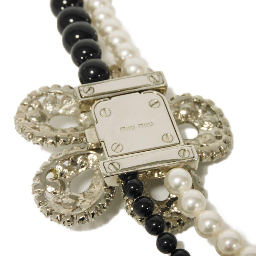 Used 12166 Crystal Pearl Flower 5AJL05 7984 Beaded Black Clear Silver Double Push Lock Logo White Women's from Japan