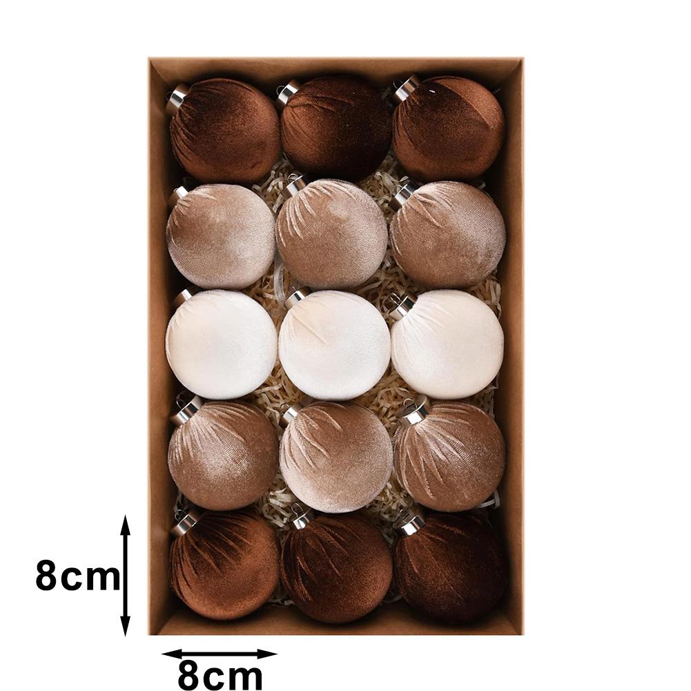 15 Shatterproof Brown Velvet Christmas Tree Ornaments with Silk Ribbon and Pleated Finish for Seasonal Holiday Decoration