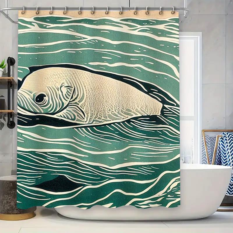 Unique Fish Design Waterproof Shower Curtain White Waves Green Color Bath Room Decoration for Home Decorate