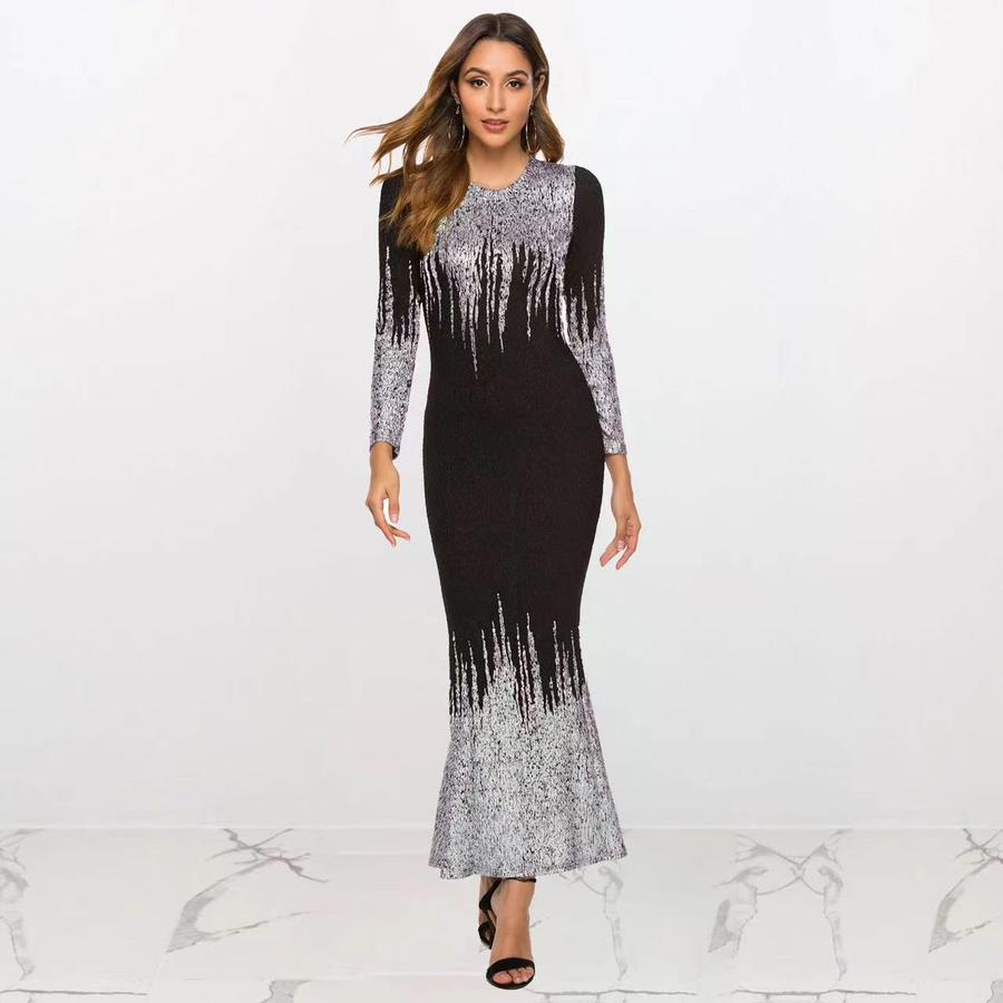

New Gold Foil Printed Slim Fit Long Sleeve Dress for Fall/Winter Evening Gown with Tail XXXL