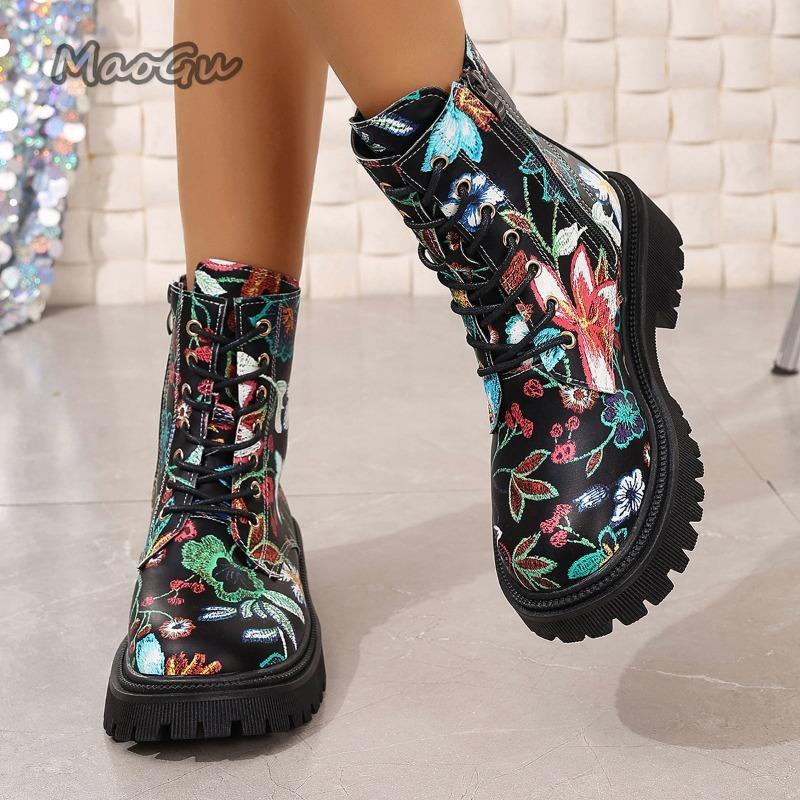 

Fashion New Fashion Women s Boots Side Zipper Thick Bottom British Style Botas Mujer Trend Versatile Short Boots Floral Printed Botines 43 чёрный