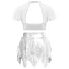 Mädchen Jazz Tanz Outfit Mock-Ausschnitt Kurzarm Mesh Patchwork Cutout Rücken Glänzende Pailletten Crop Top Rock mit unregelmäßigem Saum