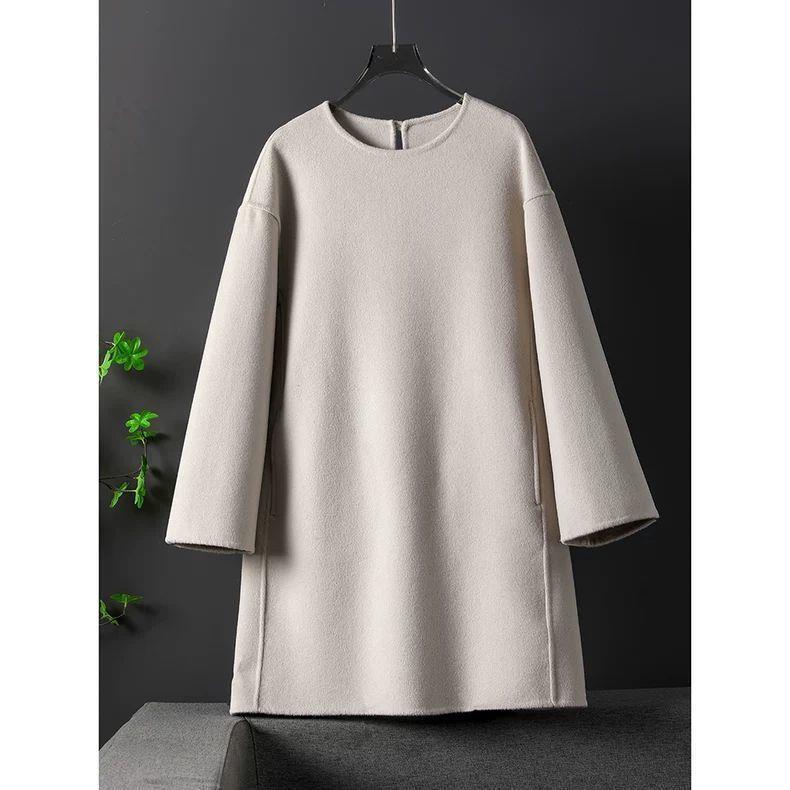 

Elegant Hepburn-Style Double-Sided Wool Dress - Versatile, Pure Color, Round Neck for 2025 Winter/Autumn 2XL 128-138 kg грязно-белый