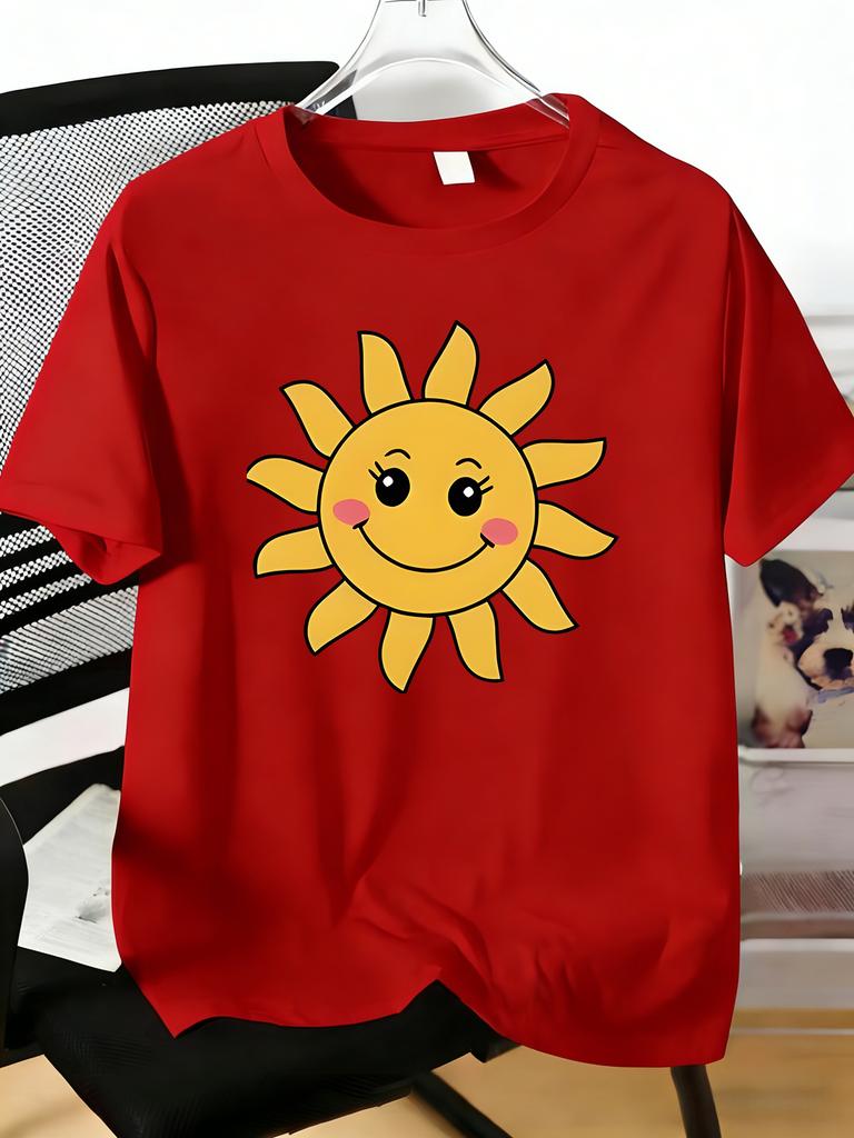 Unisexs Tee Cute Blush Smiling Cartoon Sun Face Print Cotton Short Sleeve Male Casual Streetwear Outdoor Daily Basic Fashion Top