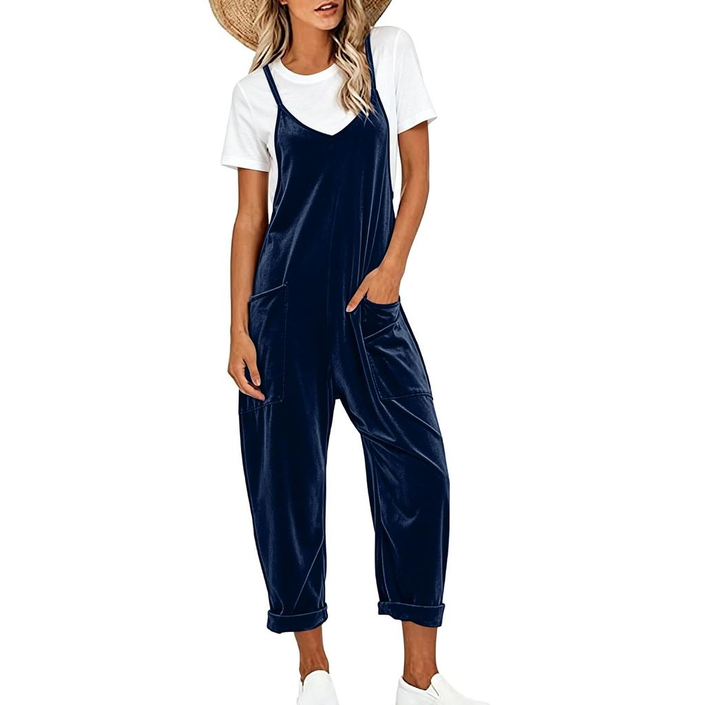 Women's V-Neck Sleeveless Color Jumpsuit with Large Pockets Loose Fit Casual