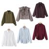 2025 Women's Plaid Puff Sleeve Cotton Poplin Shirt with Scarf and Pleated Waist