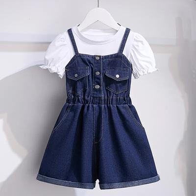 Girls Overalls Children Summer Fashion Girls White Thin Short Sleeve Denim Shorts Two Pieces