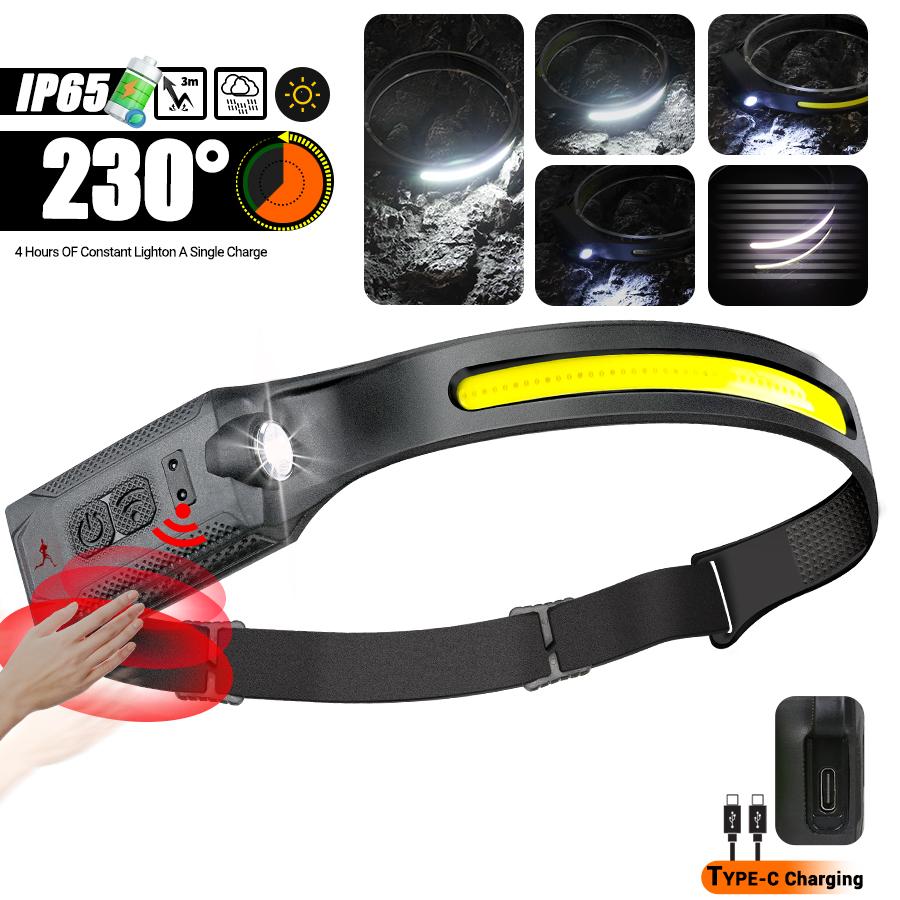 Sensor Headlamp LED Head Flashlight Rechargeable Headlight Head Torch Built-in Battery 5 Lighting Modes Fishing Camping Lantern