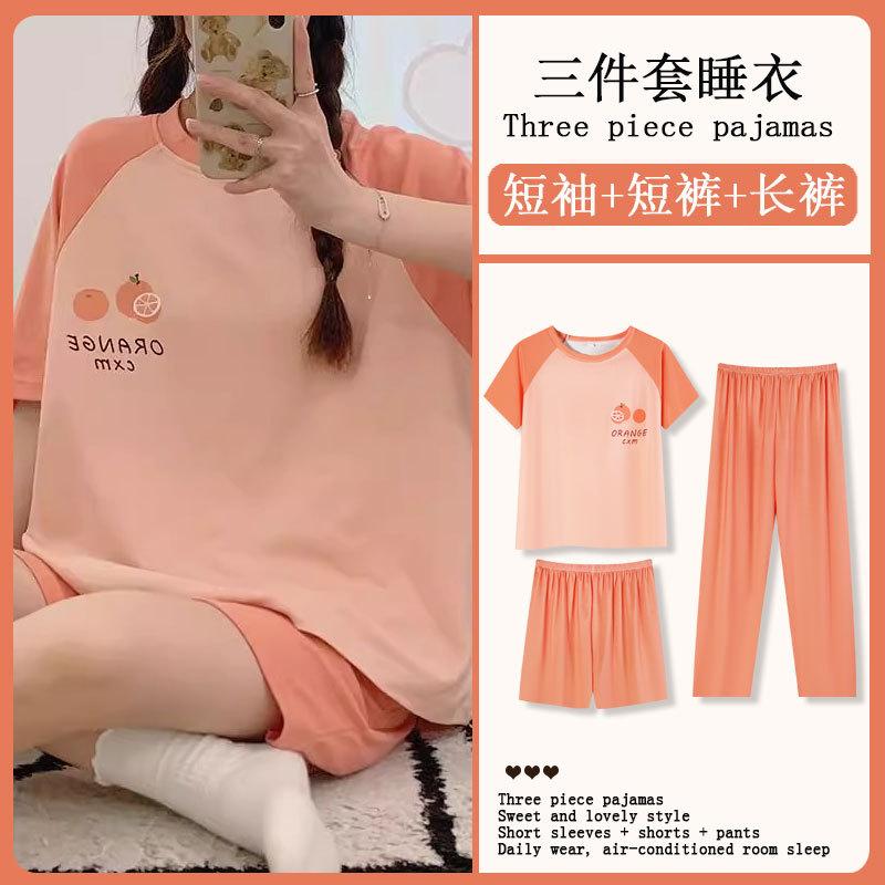Summer Korean Sweet Pajamas Women's Crew Neck Short-sleeved Three-piece Comfortable Women's Loungewear Spot Straight Hair