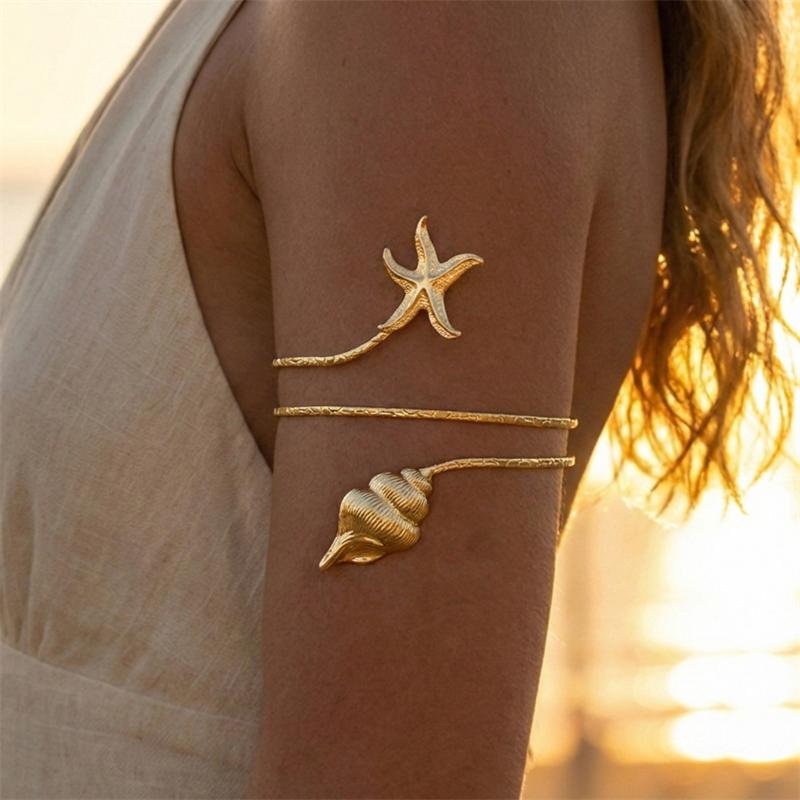 Vacation Style Gold Color Starfish Arm Cuff for Women Gold Color Scallop Upper Arm Adjustable Bracelet Bangle Beach Body Jewelry