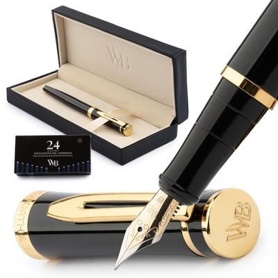 Wordsworth Svart Fyllpenna 18K Extra Fin 24-pack Bläck Bläckpåfyllning Konverterare Gåva Guld & Set, Spets, Patroner, & Etui, Finish, Kalligrafi, [Svart]