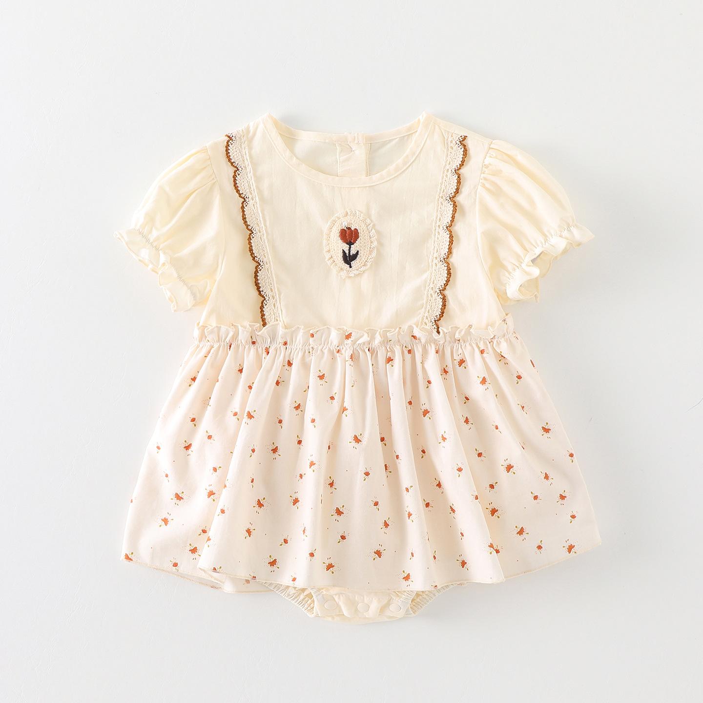 Infant Baby Girl Floral Print Lace Puff Sleeve Summer Romper Dress 66cm