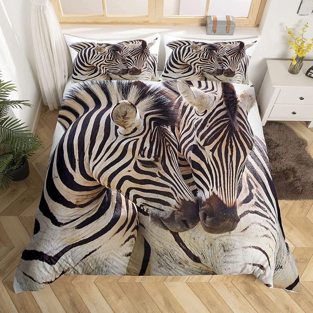 Zebra Duvet Cover Set King Queen Size Polyester Comforter Cover Black And White Stripe Wild Animals For Kids Teens Bedding Set