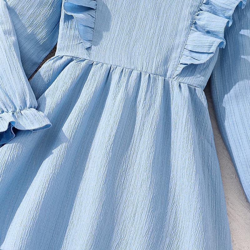 Girl Clothing 2026 Spring Autumn New Fairy Long Sleeve Chic Bow Mid-Length Blue Dress