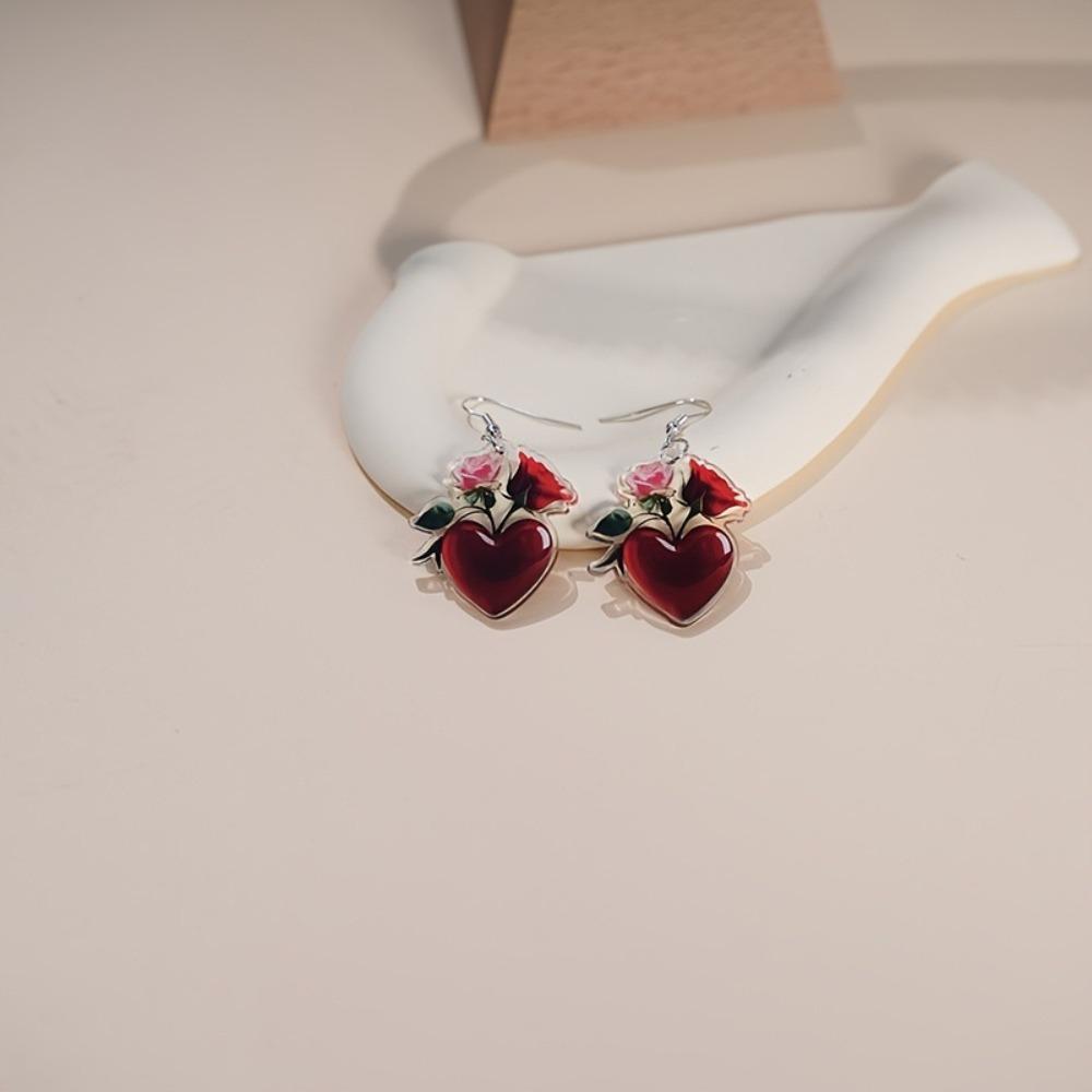 New Sweet Romantic Simulation Pink Red Rose Flowers Heart-shaped Acrylic Dangle Earrings for Women Valentine's Day Jewelry Gifts