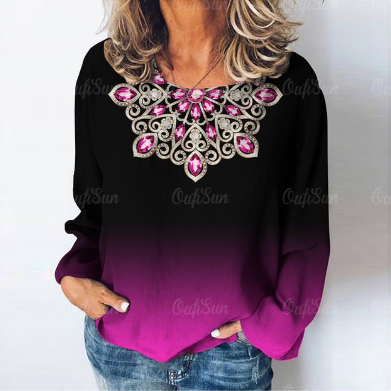 

Осенние хлопковые женские футболки с винтажным геометрическим узором, топы с длинными рукавами, свободная повседневная одежда с круглым вырезом, повседневный свитер XXL