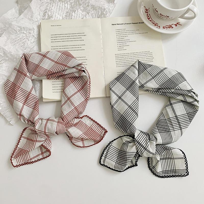 Silk scarf square scarf high-end decorative fashion scarf retro plaid headscarf summer women's pastoral silk scarf