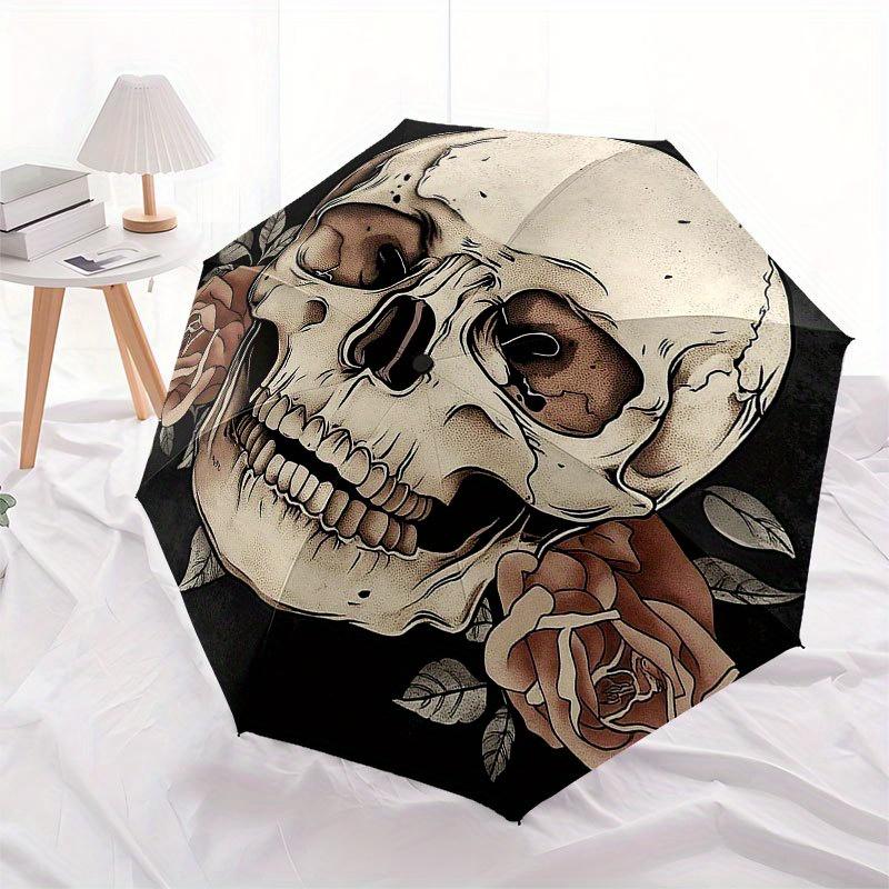 Skull and Roses Circular Wall Art Decor Umbrella, Cute Umbrella with Cute Design, Portable 3-Fold Compact Umbrella for Men & Women, Valentine's Day Mo
