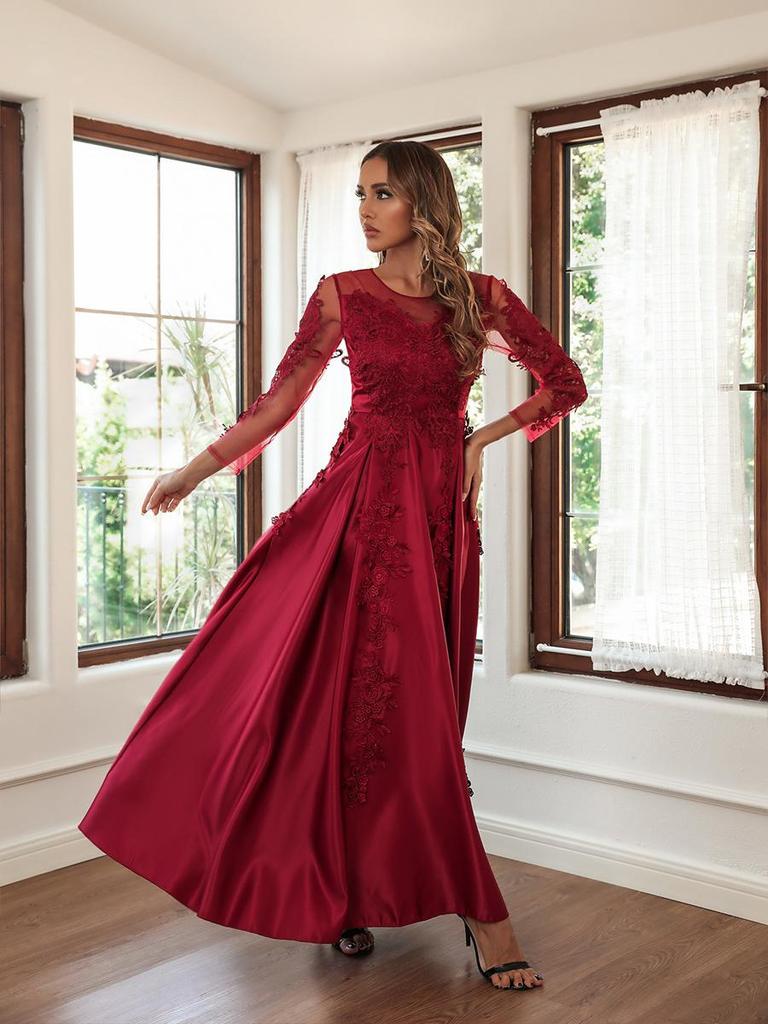 Women Elegant Sequins Lace V Neck Long Sleeves Bride Bridesmaids Wedding Long Dress Gorgeous Party Maxi Ball Gowns