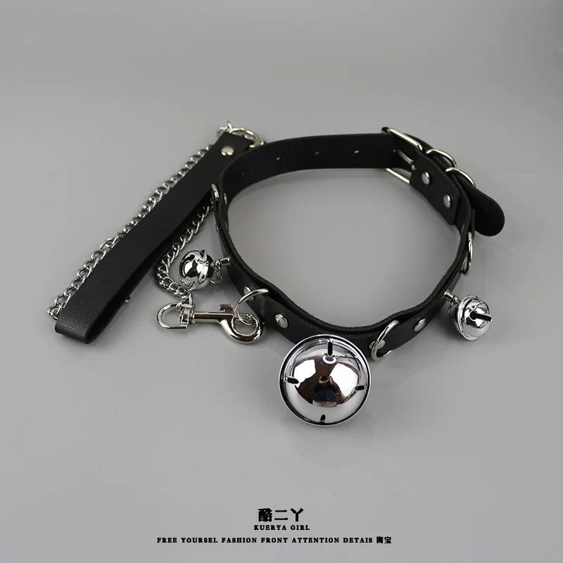 Classic Black Leather Choker with Bell and Leash for Men Punk Necklace Cosplay