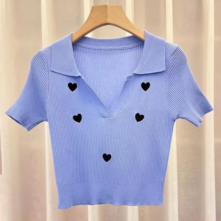 Love Print Knit Shirt Collar Short Sleeve Shirt Female Summer Thin Short Section Top Tide Casual Essential Comfort and Style Slim Fit Pullovers Tees