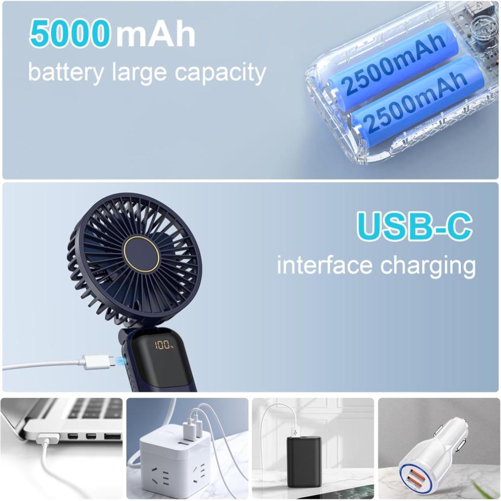 Portable Handheld Fan, USB Rechargeable Personal Cooling Device with 5-Speed Wind Settings, Silent Mode Fast Airflow Technology, Foldable Fan with Int