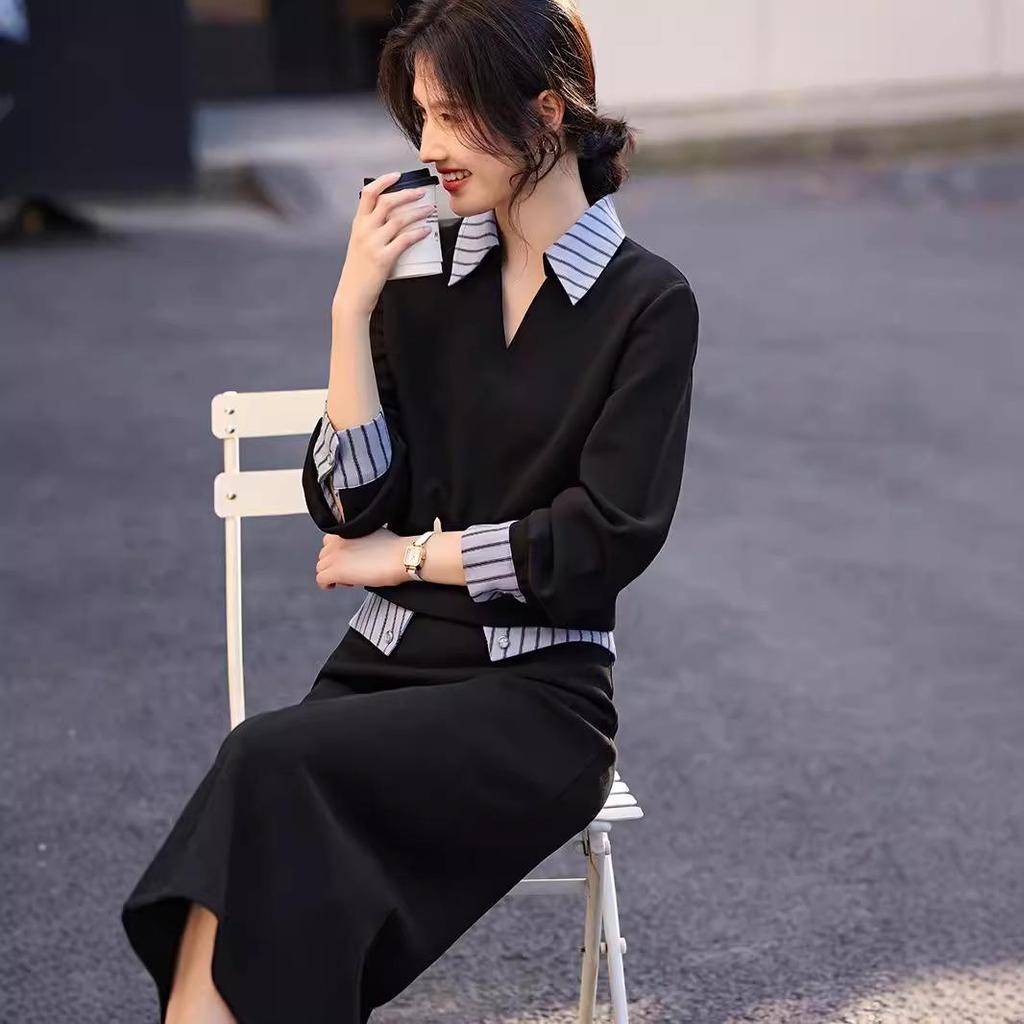 Internet Celebrity Patchwork Shirt Collar Sweatshirt & Midi Skirt Set for Women - Autumn Casual Two-Piece Ensemble