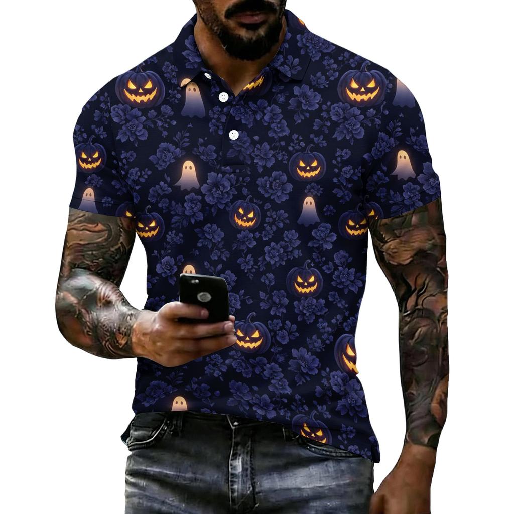 Men's Halloween Print Vintage Texture Short Sleeve Polo Shirt Loose Breathable Summer Sports Street Casual Daily Wear Top