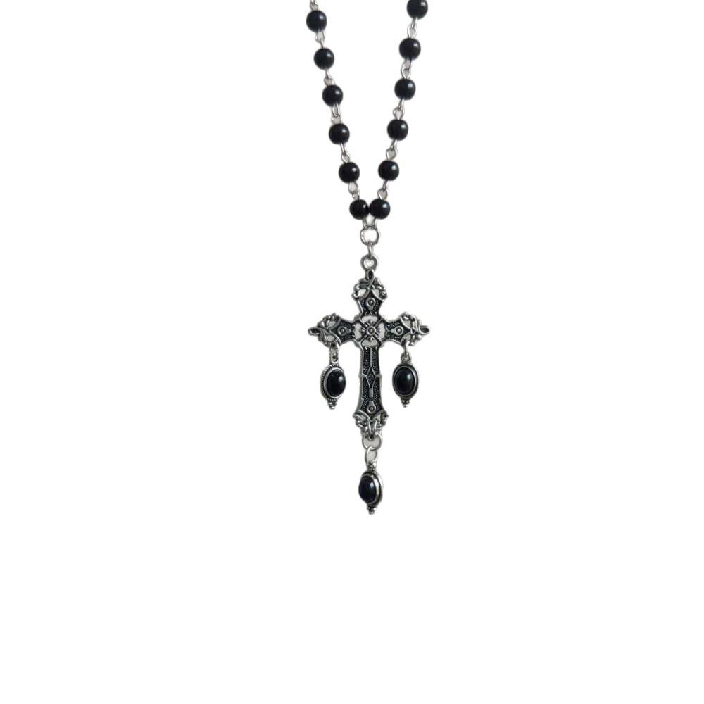 Gothic Punk Black Crystal Cross Pendant Beaded Choker Necklace for Women Men Retro Halloween Party Daily Cosplay Wear Jewelry