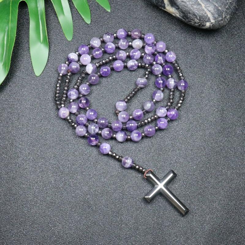 Amethist Rozenkrans Ketting – Roestvrij Staal Kruis Hanger, Kalme Intuïtie Bescherming Cadeau voor Vrouwen