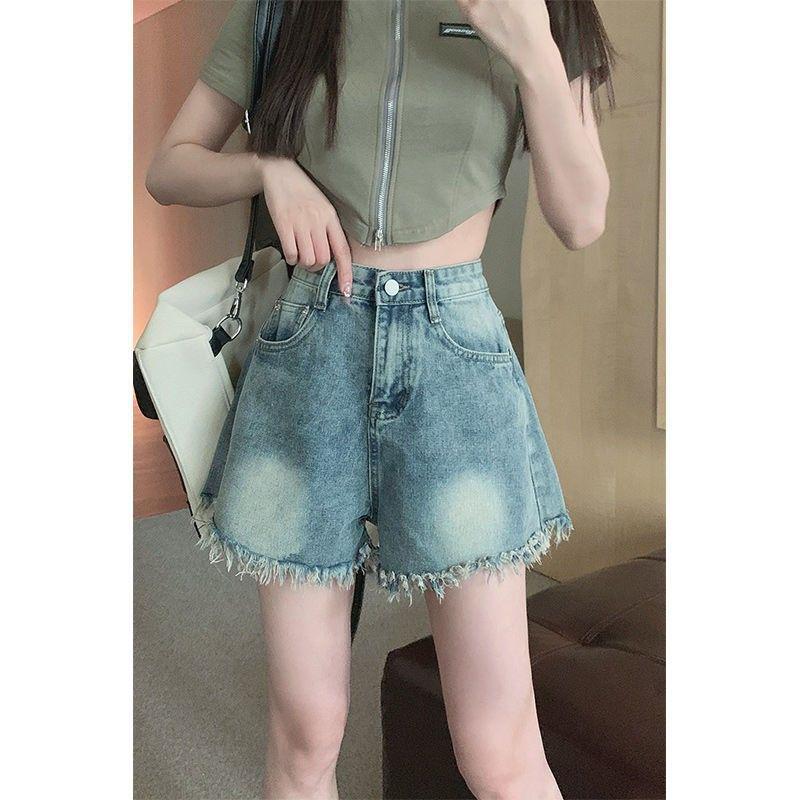 Women's High Waist Frayed Denim Shorts - Loose, Retro A-Line, Wide-Leg Summer Hot Pants