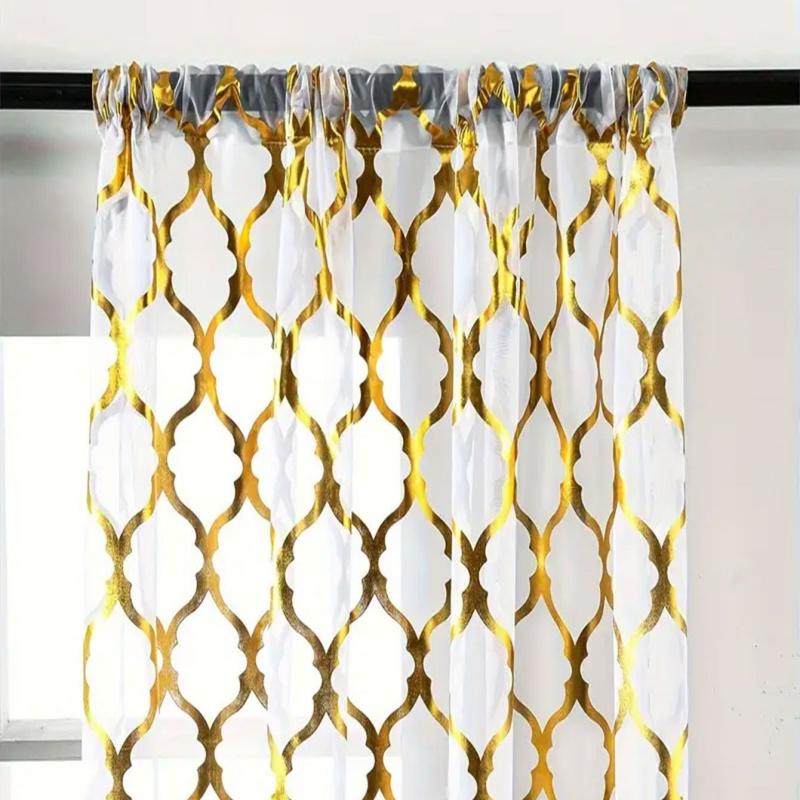 Geometric Gold Foil Sheer Curtains – Set of 2 Panels, Semi-Blackout, Light Filtering Window Curtains