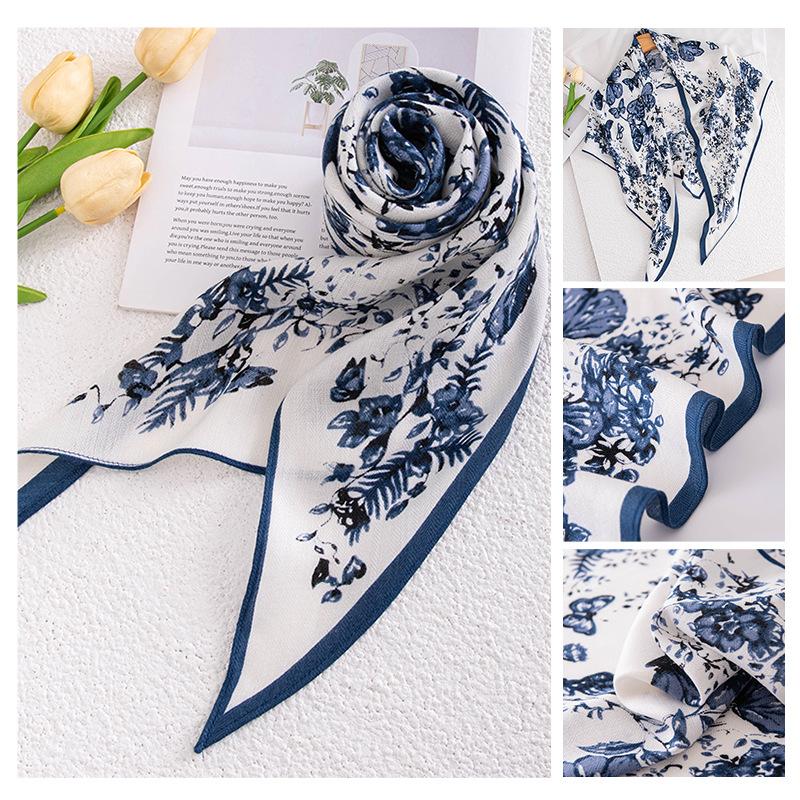 Spring New Retro Printed Women's Silk Scarf Flower Triangle Scarf Headscarf Scarf Accessories Scarf Outer Shawl