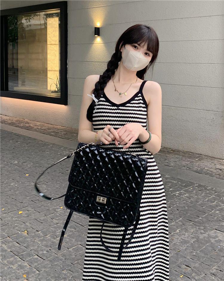Women's Slim-Fit V-Neck Black Striped Knit Camisole Dress, High-Waisted, Bodycon, Long Skirt, Spring/Summer Fashion