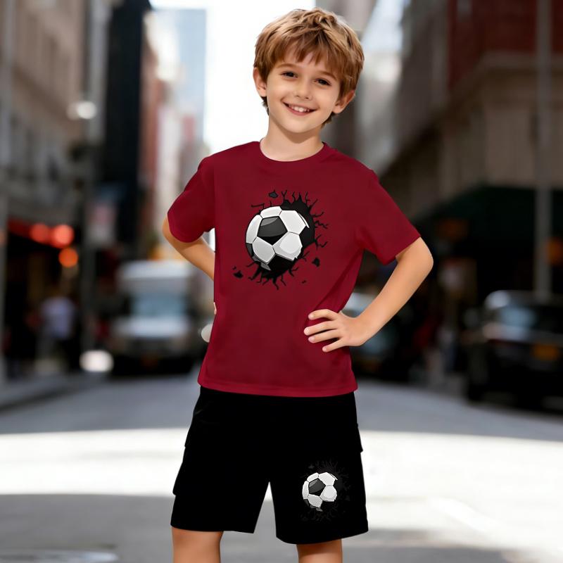 Boys 2 Piece Football Theme Outfit, Short Sleeve T-Shirt and Shorts Set for Kids Age 5-14, Black and White Sporty Casual Summer Clothes