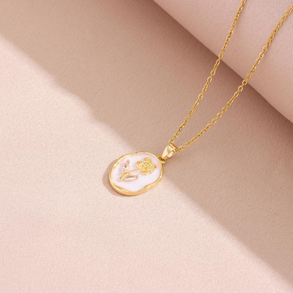 Top Luxury Gold Plated Elegant Retro Oval Rose Pendant Necklaces For Women Female Stainless Steel Neck Chain Jewelry Gift